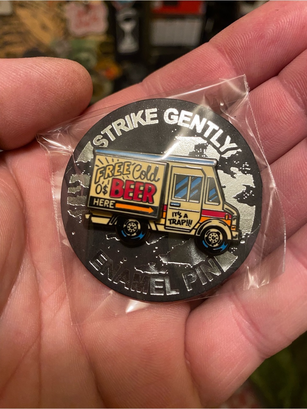 Brand New in Packaging Strike Gently Deluxe Opening Beer Truck Enamel Pin